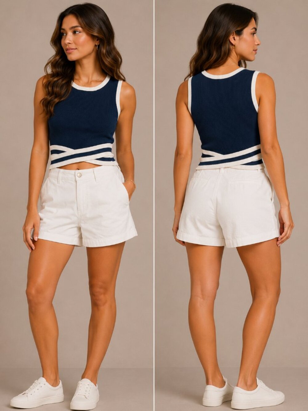 NWT Le Lis Navy Blue Knit Contrast Trim Criss-Cross Crop Top - Size XS